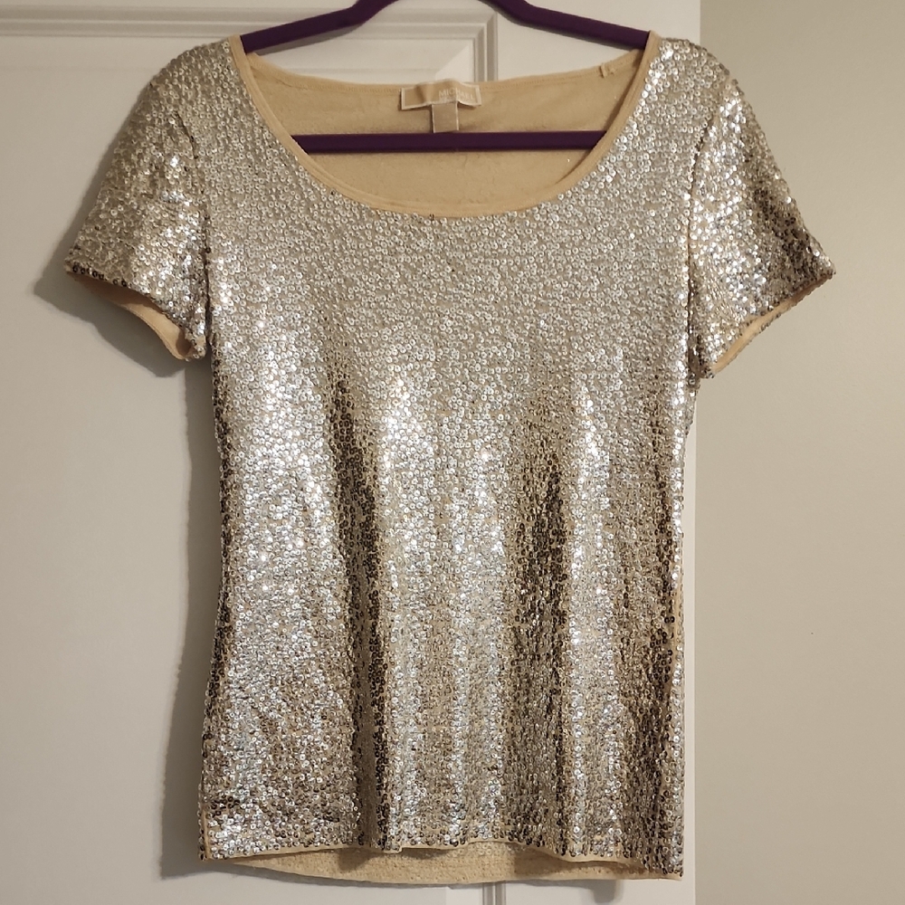 Michael Kors Silver Sequin Short Sleeve Top